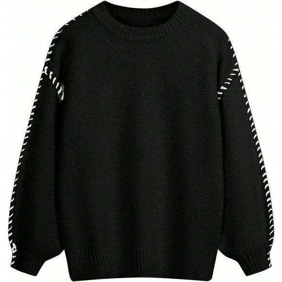 Women's Black Oversized Stitching Long Sleeve Crew Neck Baggy Knit Sweaters - Picture 2 of 5